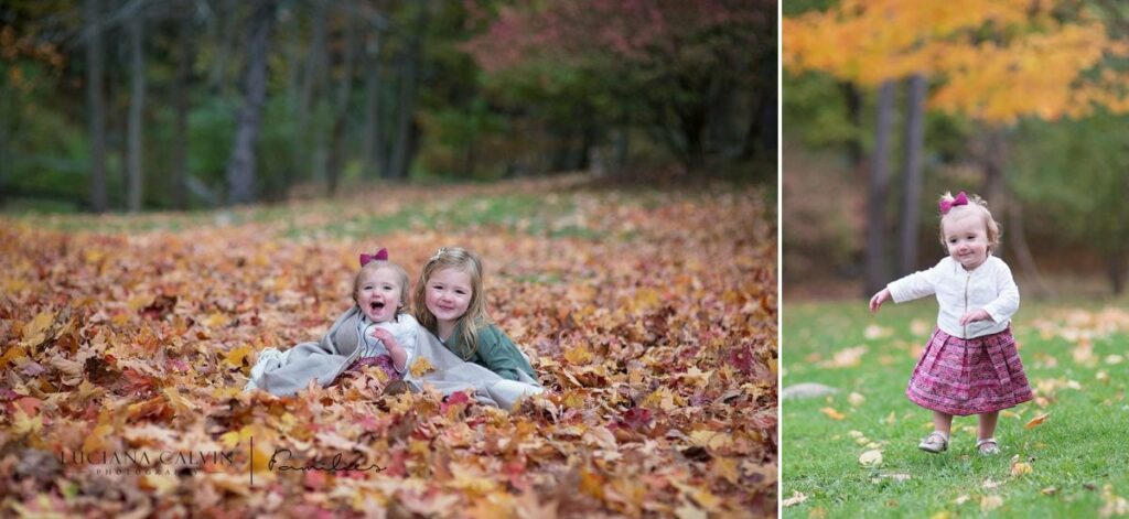 girls playing with fall leaves