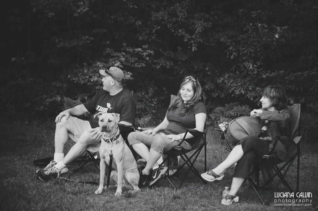 family watches baseball game