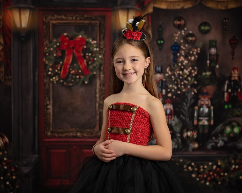 a girl in a red dress