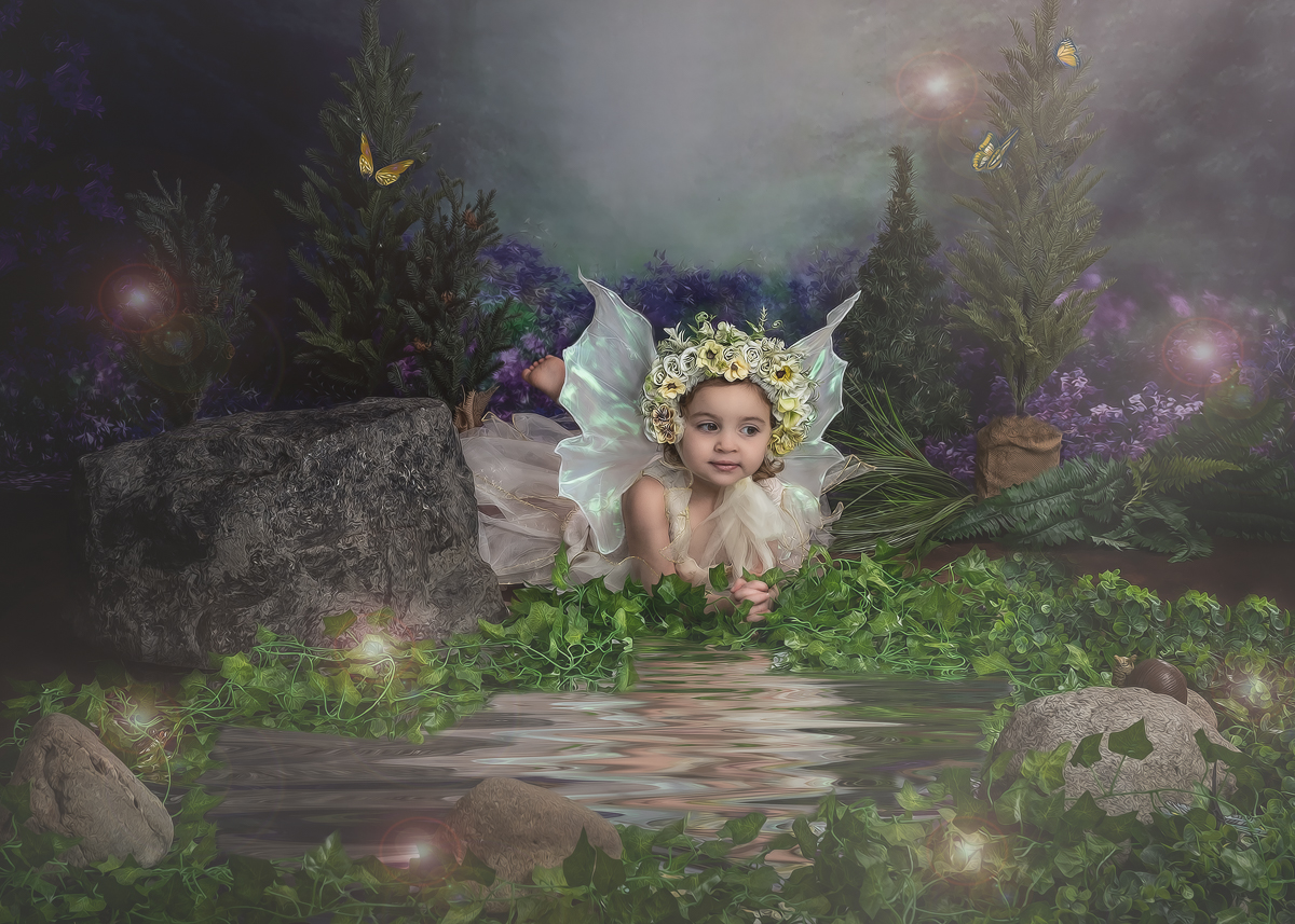 Fairy portrait photography Chelmsford MA — girl in enchanted forest with wings and flower crown