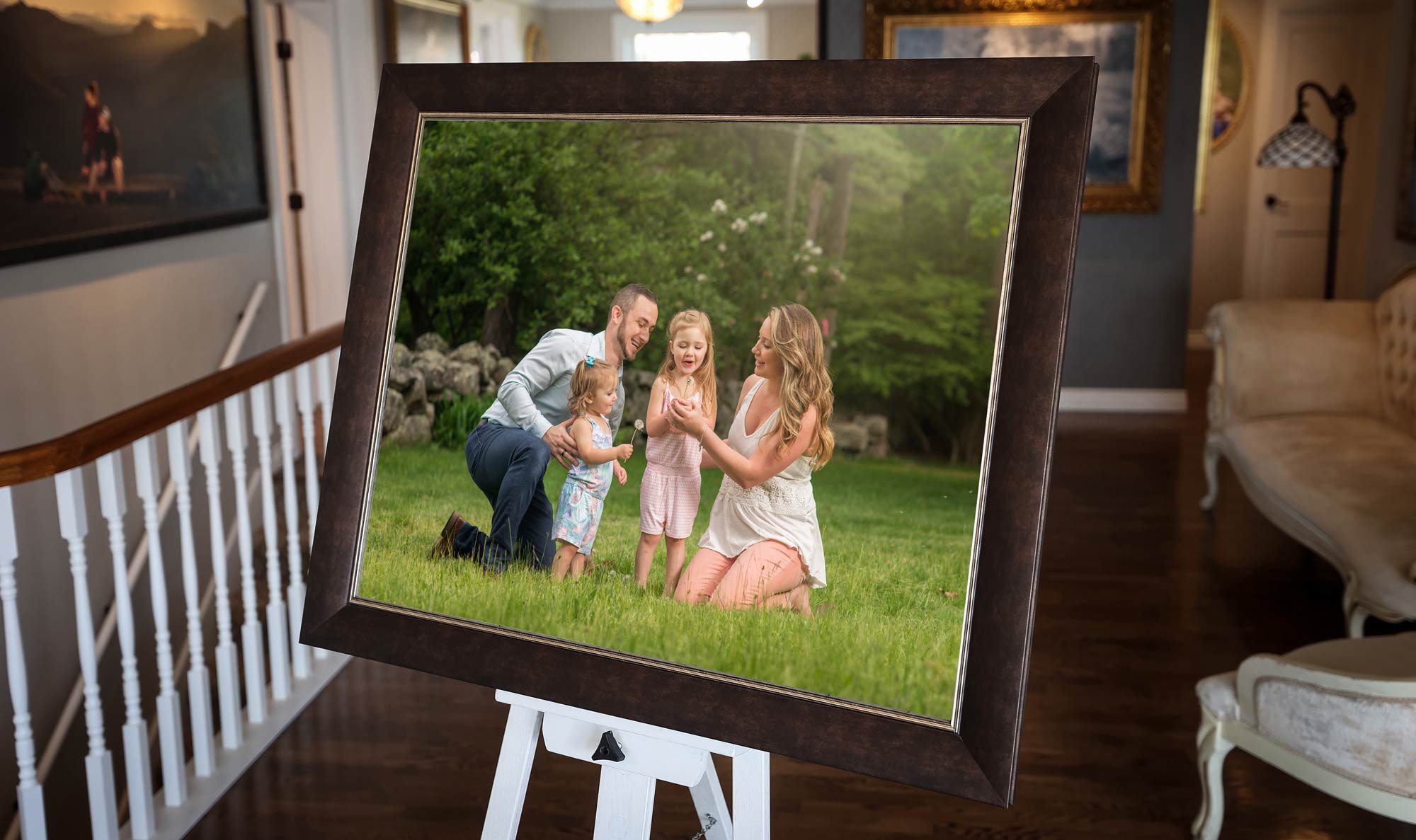 Custom framed family portrait wall art design Chelmsford MA studio
