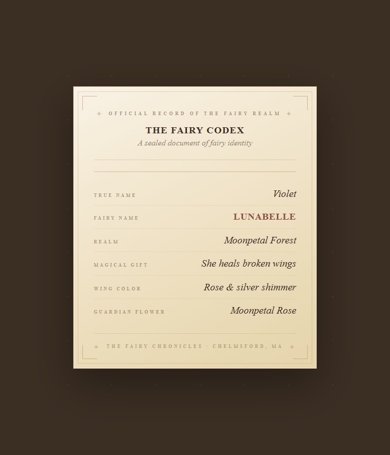 The Fairy Codex — official fairy identity document for Lunabelle of Moonpetal Forest, created by The Fairy Chronicles at Luciana Calvin Photography in Chelmsford, MA