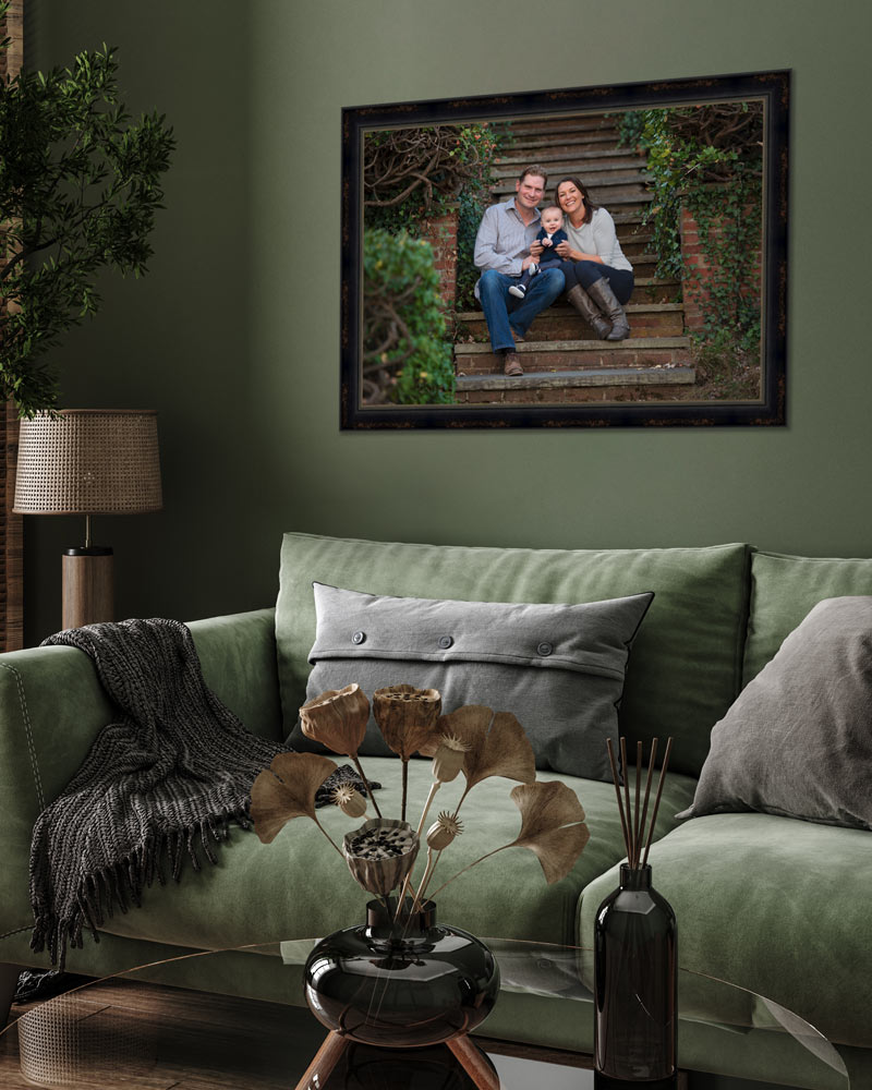 Framed fine art family portrait displayed in living room — custom wall art by Luciana Calvin Photography Chelmsford MA